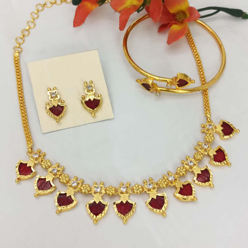 Traditional Palakka Necklace with Bangle Combo Set - Red