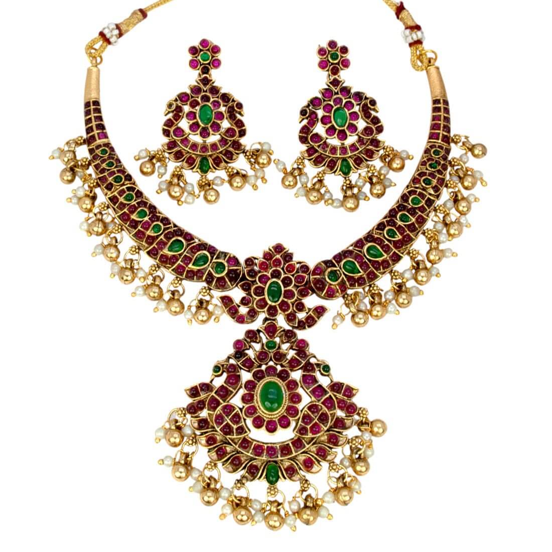 Trendy Mango Multi - Colour Kemp Stone Peacock Necklace Set - K Supreme