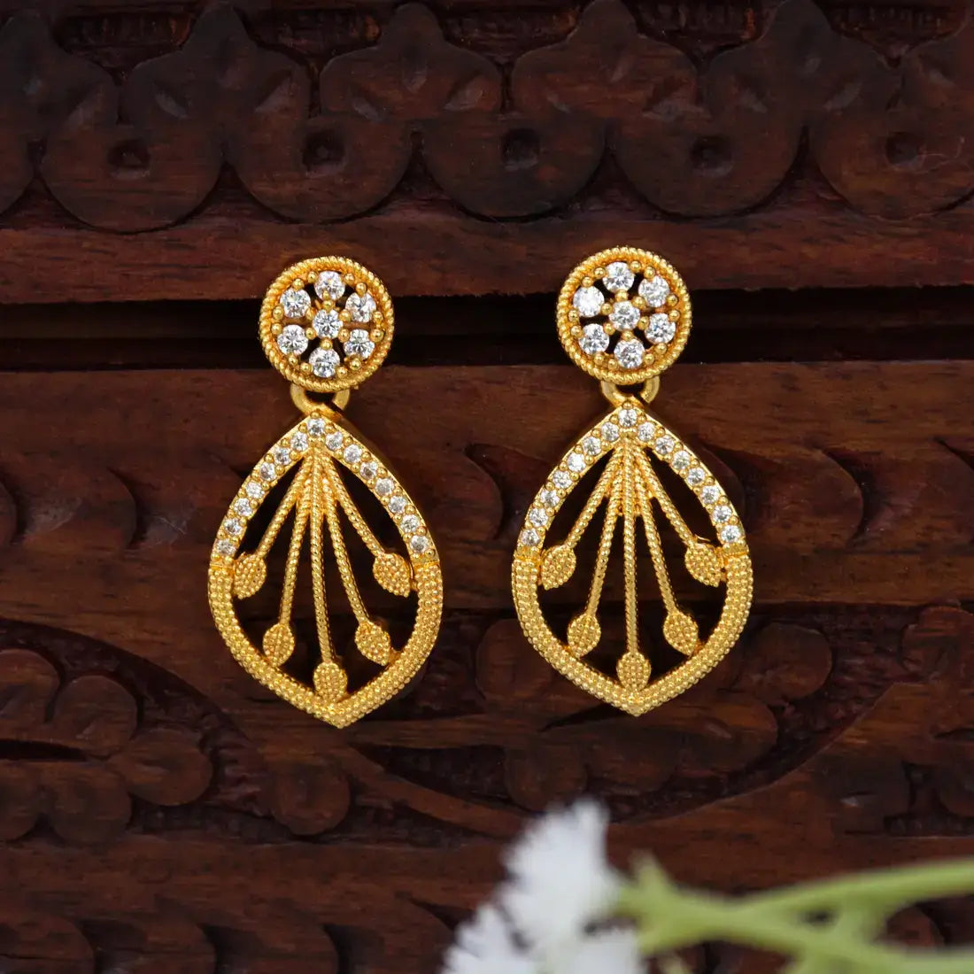 Gold-Plated Ornate Stone Drop Earrings - CZ