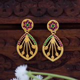 Gold-Plated Ornate Stone Drop Earrings - ruby emerald