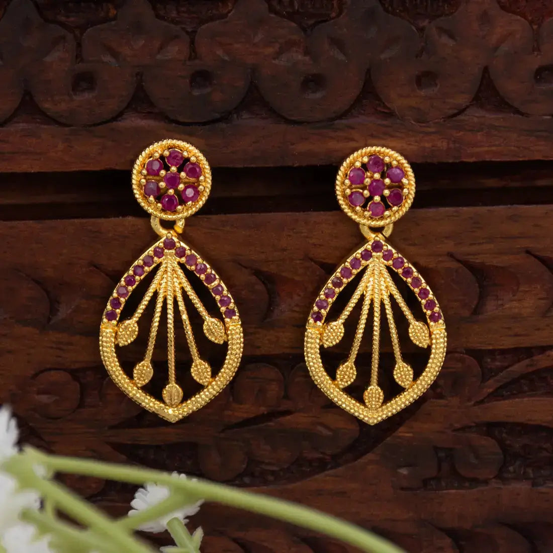 Gold-Plated Ornate Stone Drop Earrings - Ruby