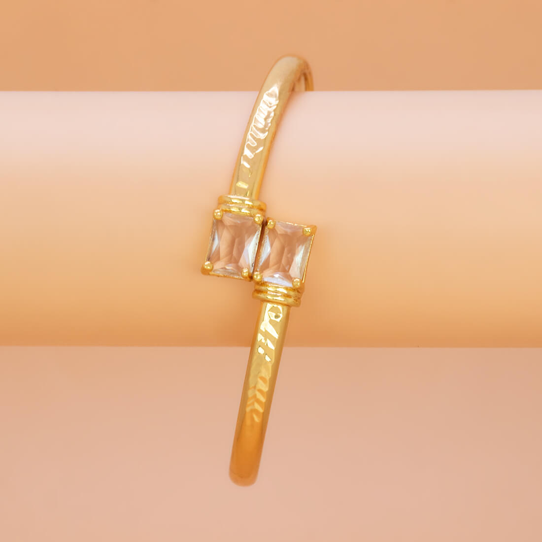 Gold Plated Dual Rectangle Stone Cuff Bangle - Crystal Clear
