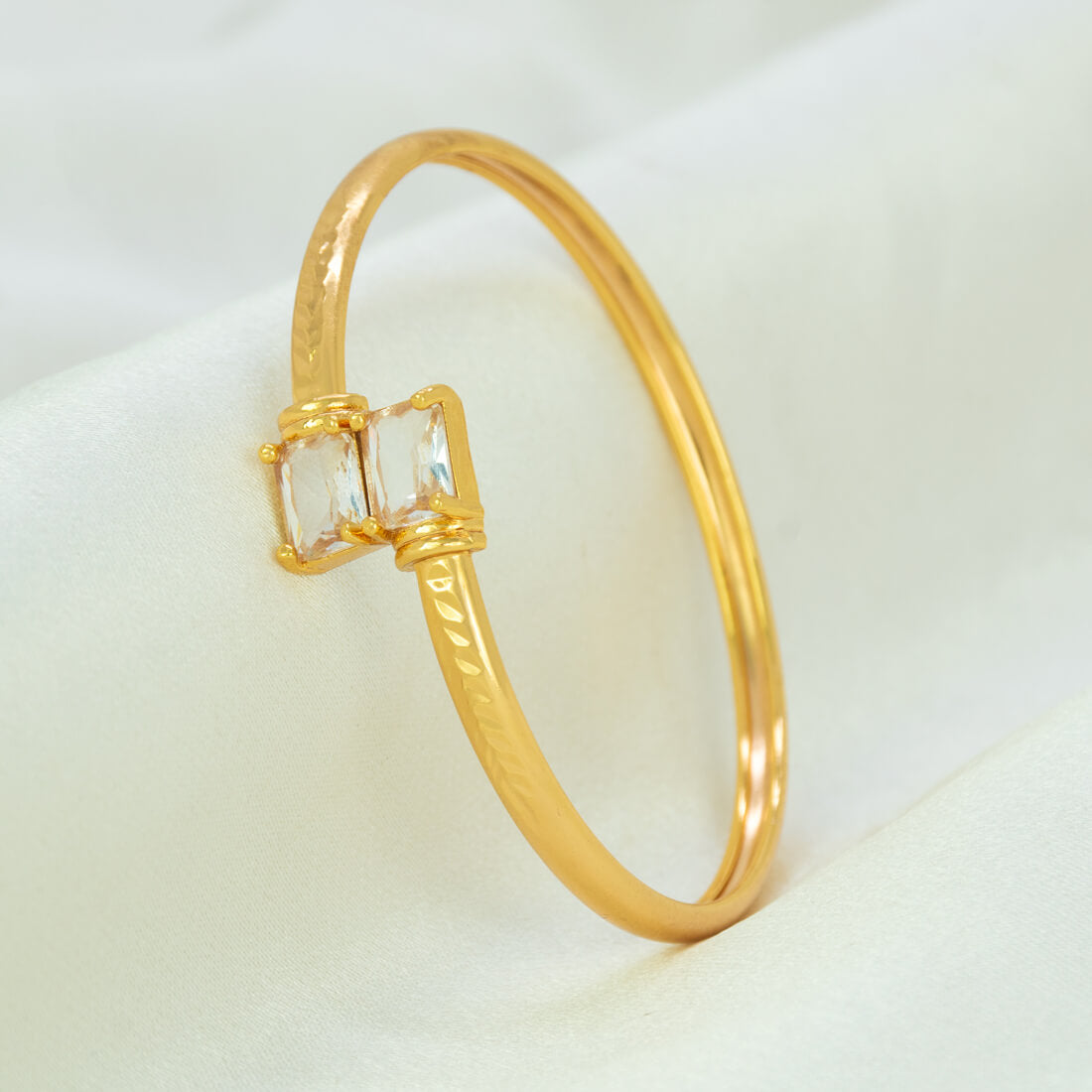 Gold Plated Dual Rectangle Stone Cuff Bangle - Crystal Clear