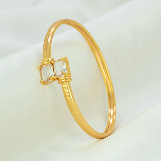 Gold Plated Dual Rectangle Stone Cuff Bangle - Crystal Clear