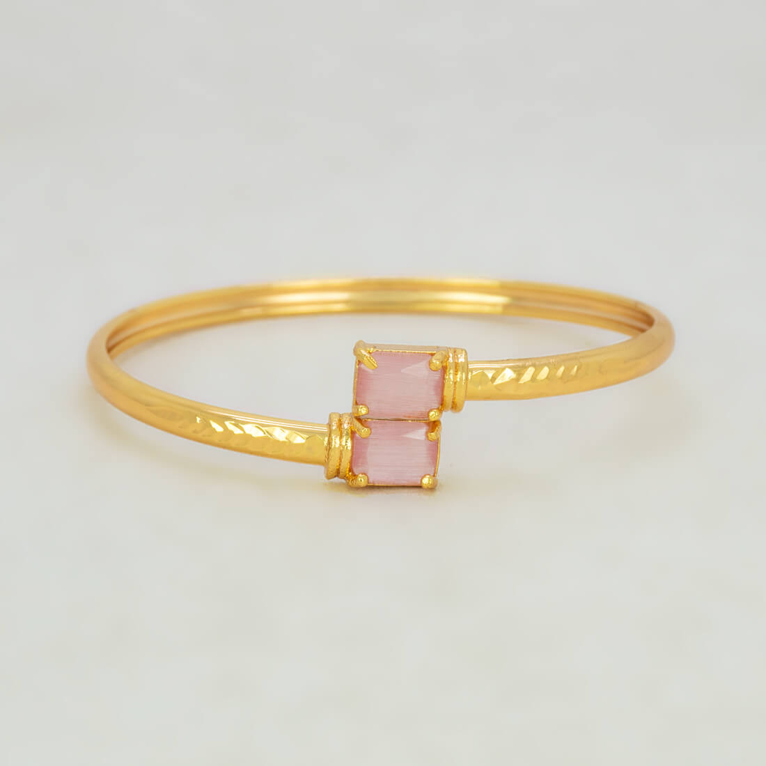Gold Plated Dual Rectangle Stone Cuff Bangle - Pink