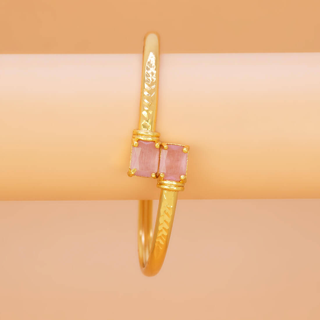 Gold Plated Dual Rectangle Stone Cuff Bangle - Pink