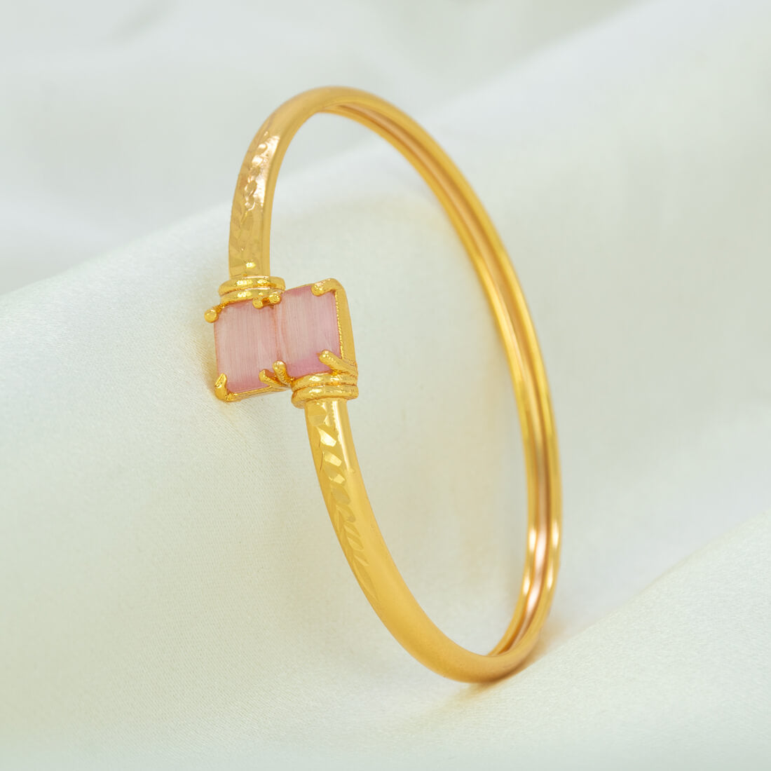 Gold Plated Dual Rectangle Stone Cuff Bangle - Pink