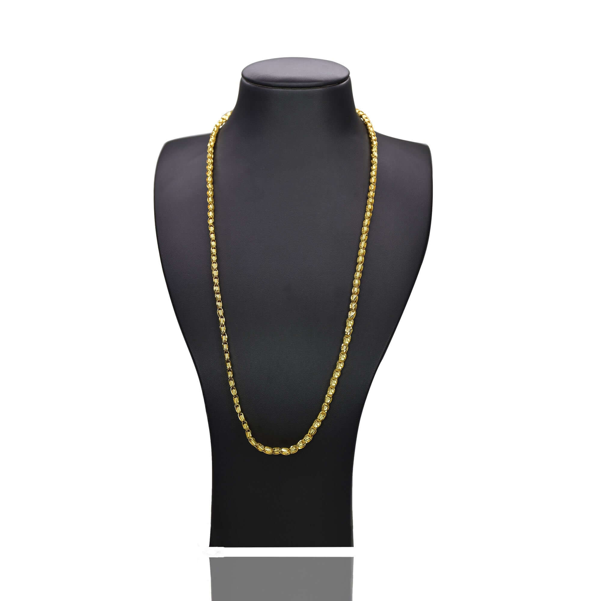Premium Gold Plated Designer Thennampoo Chain displayed on a black jewelry stand.