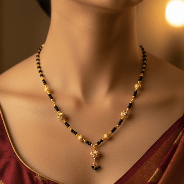 Gold-Plated Black and Designer Golden Beads Necklace worn by a model showcasing its elegance.