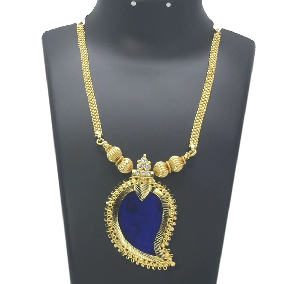 Alluring Premium Gold Plated Big Mango Pendant Necklace featuring a blue mango pendant with designer Urvashi chain.