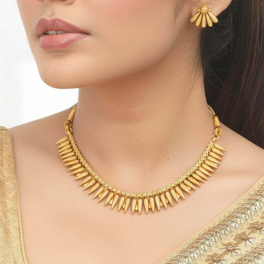 മാറ്റ് ഗോൾഡ് പ്ലേറ്റഡ് സ്പൈക്ക് ഡിസൈനർ ജാസ്മിൻ ചോക്കർ നെക്ലേസ് സെറ്റ് 