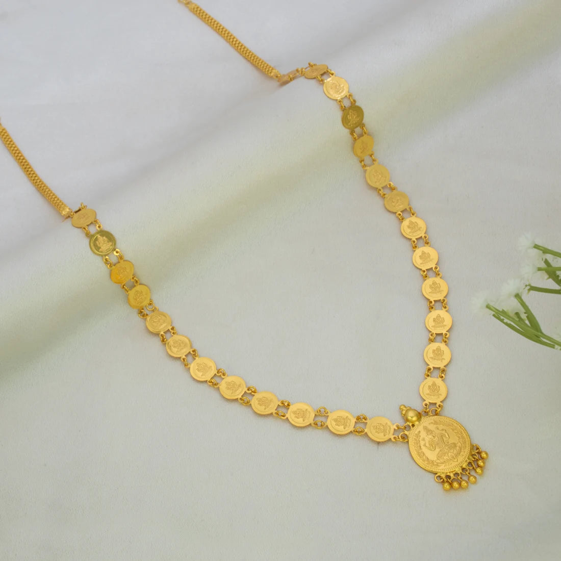 South Indian Gold Plated Lakshmi Cash Long Chain/Kasumala