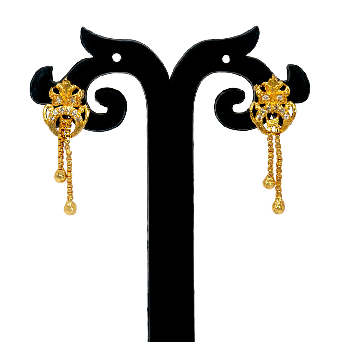 Stylish Gold Plated Box Chain Tassels Stone Earrings - CZ