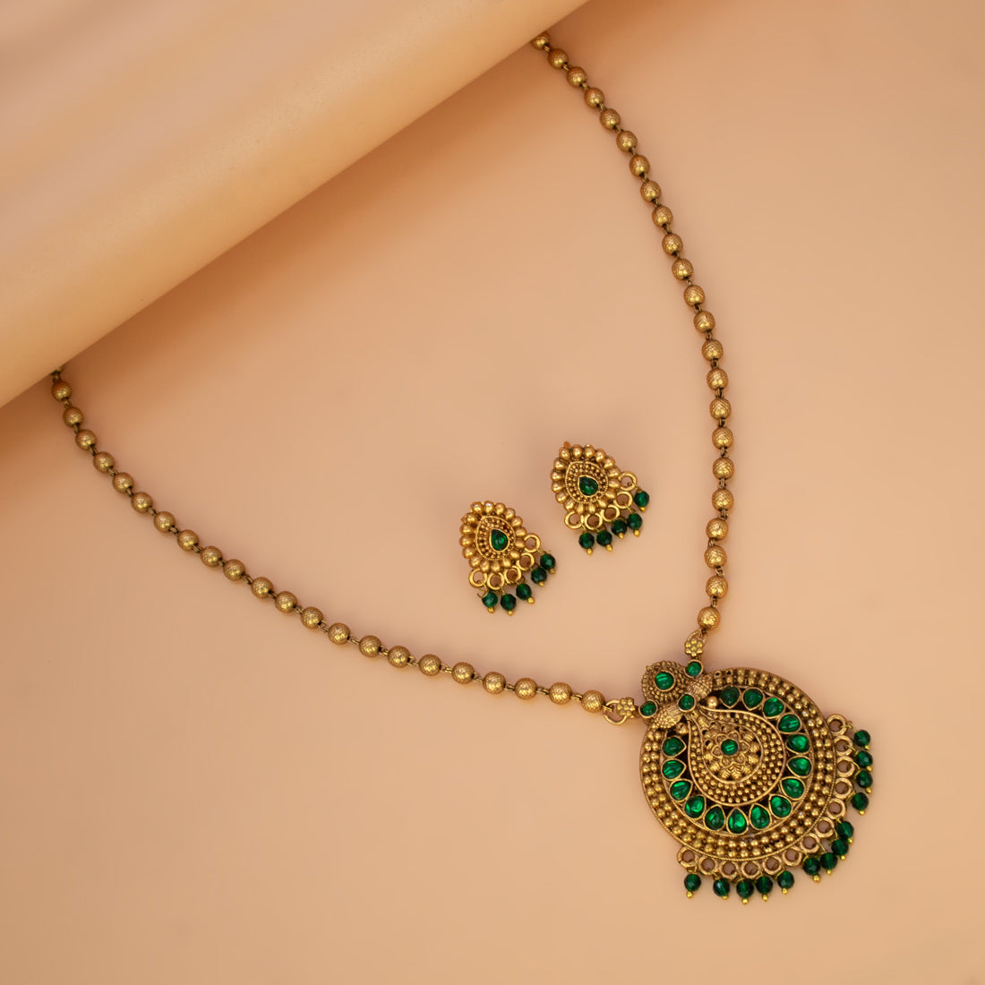 Antique Gold Plated Ball Chain Kemp Pendant Set - Green
