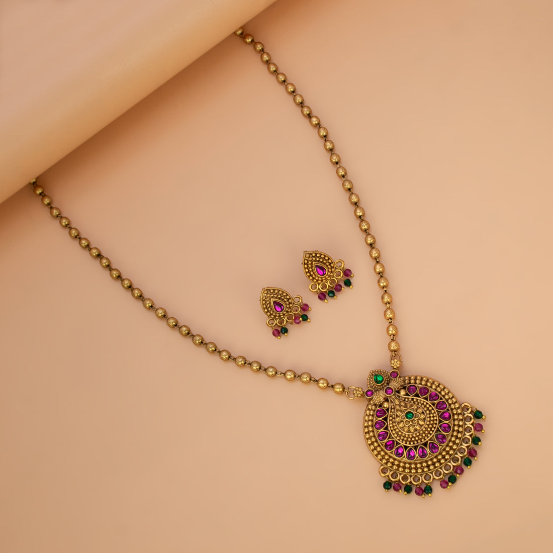 Antique Gold Plated Ball Chain Kemp Pendant Set - Multicolor