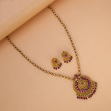 Antique Gold Plated Ball Chain Kemp Pendant Set - Ruby red