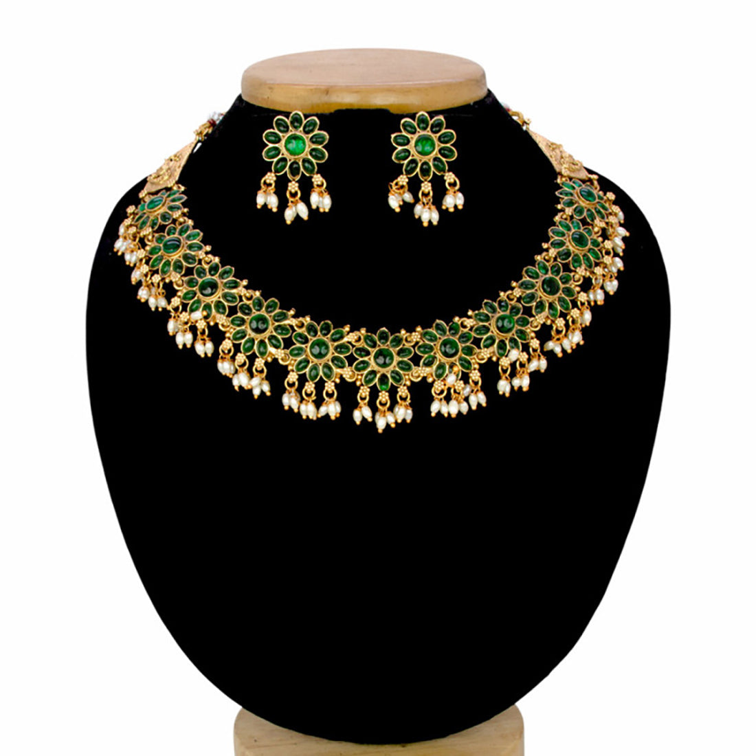 Floral Green Kemp and Pearls Necklace Set
