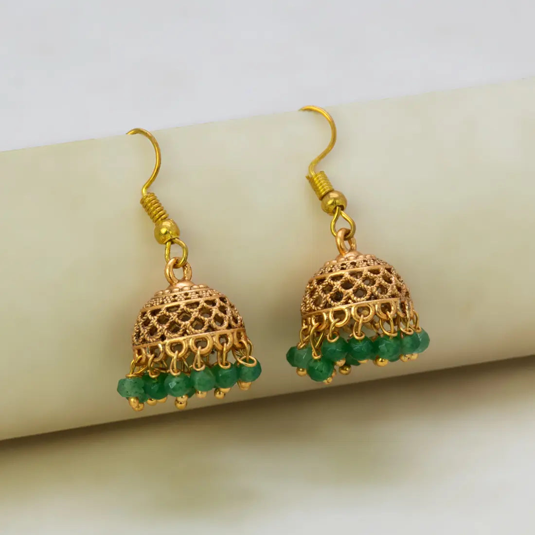 Antique Gold Plated Crystal Hanging Jhumka Earrings - Green