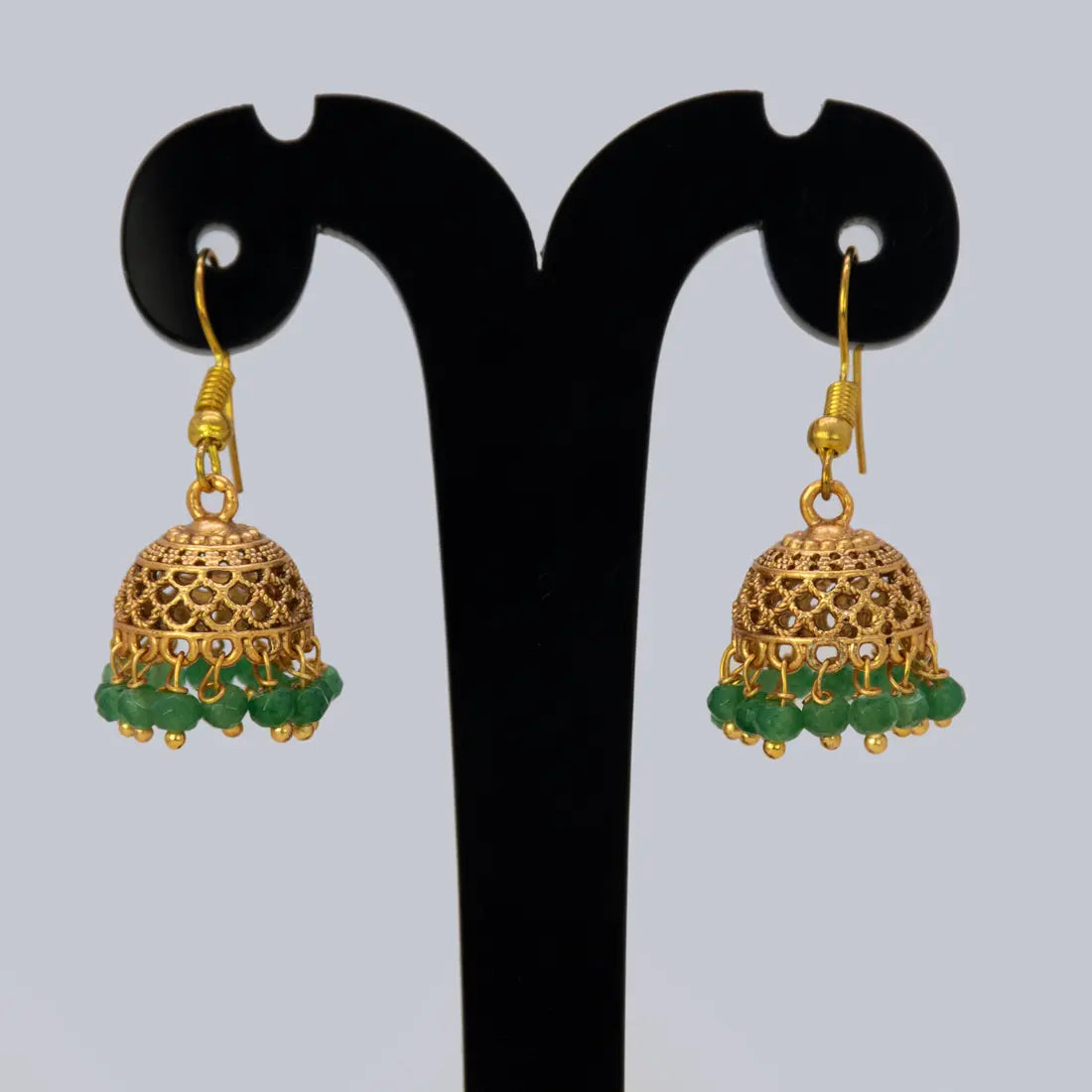 Antique Gold Plated Crystal Hanging Jhumka Earrings - Green