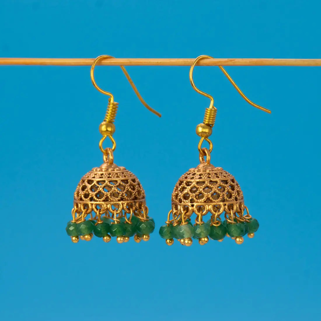 Antique Gold Plated Crystal Hanging Jhumka Earrings - Green