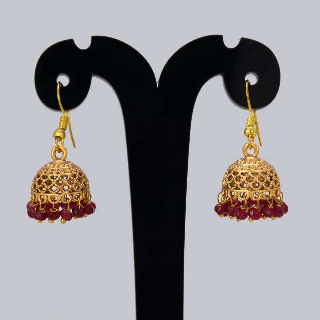 Antique Gold Plated Crystal Hanging Jhumka Earrings - Ruby Red