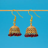 Antique Gold Plated Crystal Hanging Jhumka Earrings - Ruby Red