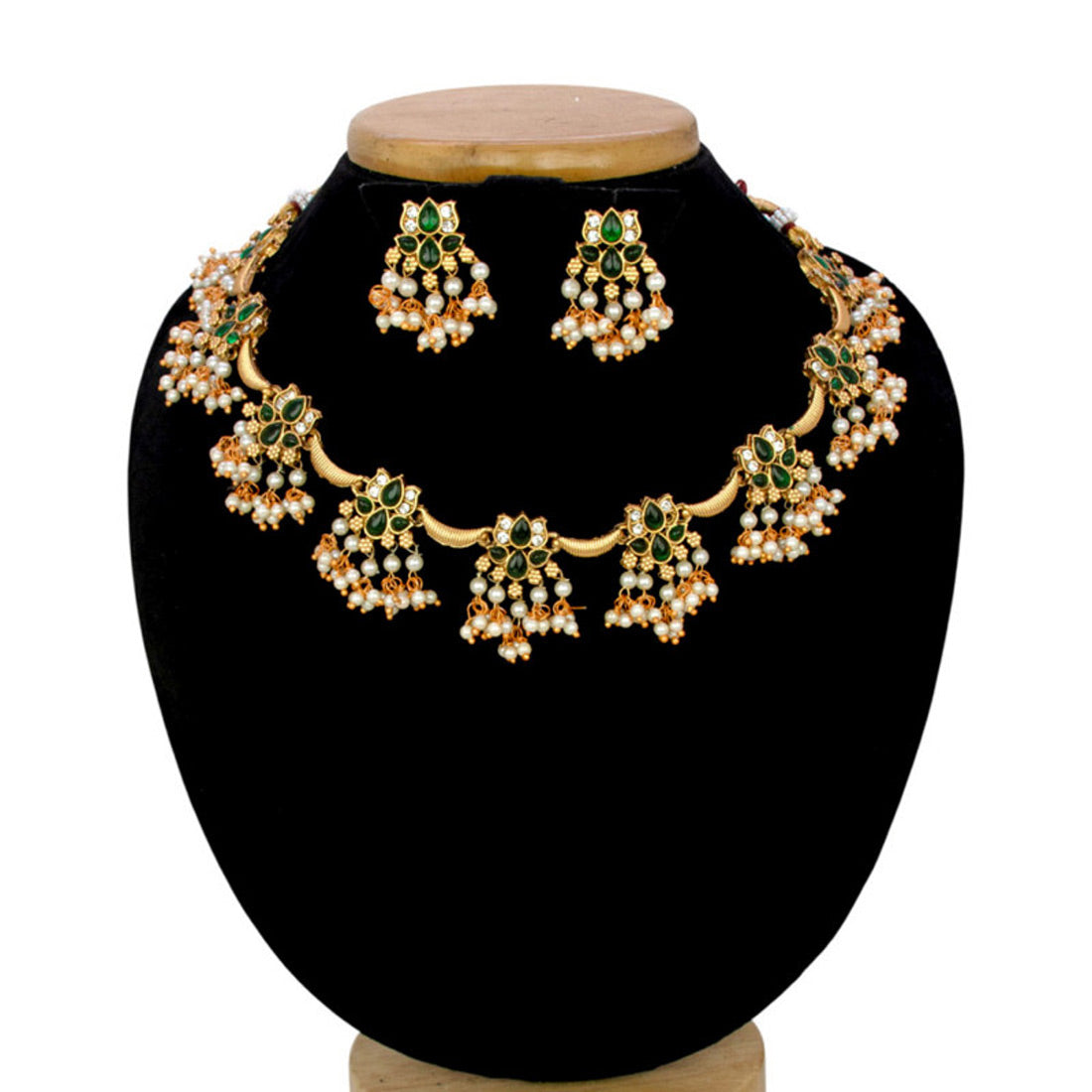 Antique Finish Artificial Green Stones Pearl Lotus Necklace Set