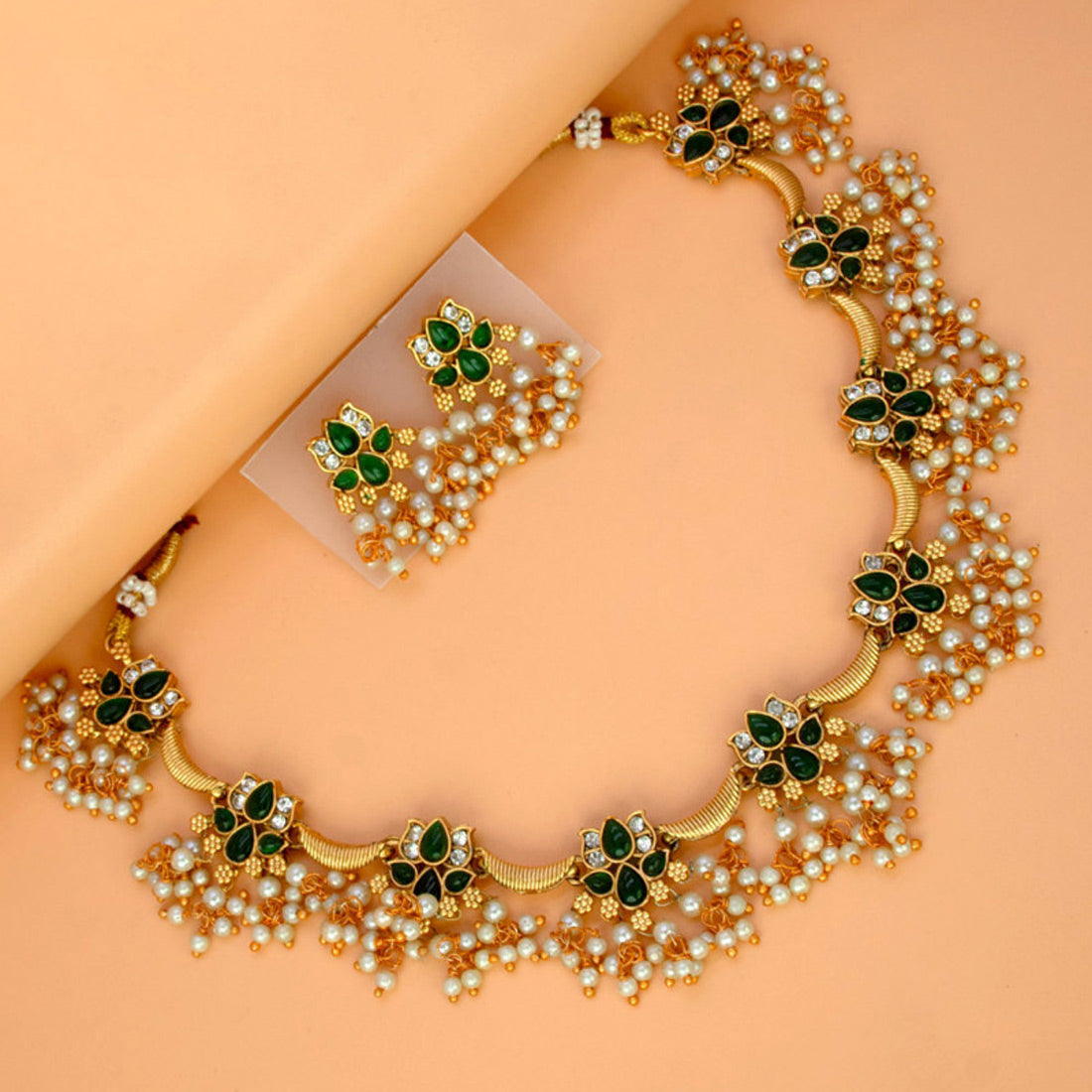 Antique Finish Artificial Green Stones Pearl Lotus Necklace Set