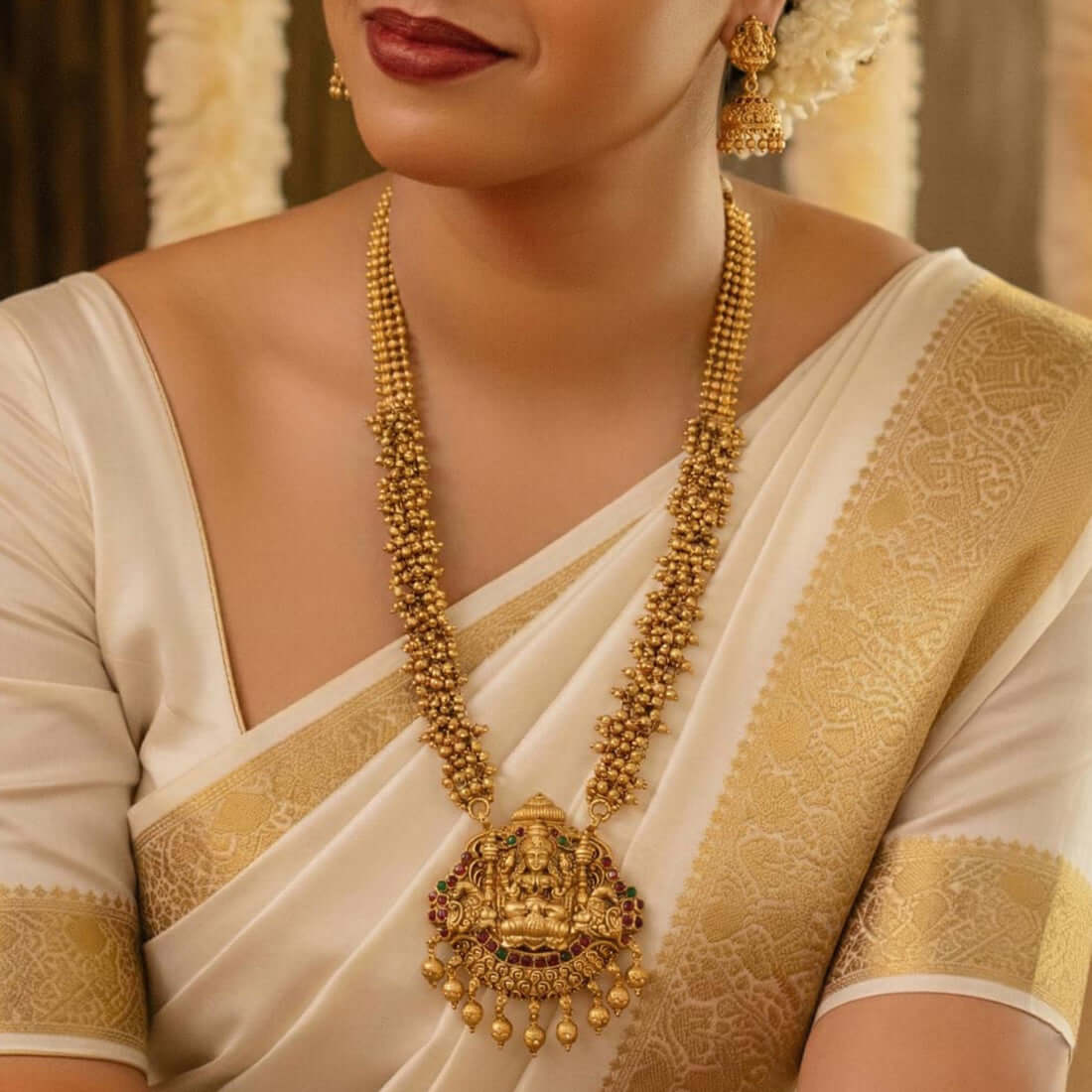 Ethnic Antique Matte Lakshmi Temple Beaded Long Necklace Set