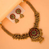 Antique Gold Plated Kemp Stone Beaded Necklace Set - Gold