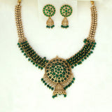 Antique Gold Plated Kemp Stone Beaded Necklace Set - green