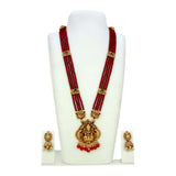 Antique Gold Lakshmi Pendant Beaded Long Necklace Set with red beads and matching jhumka earrings.