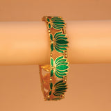 Matte Gold Plated Lotus Enamel Bangle with intricate green lotus motifs and rich enamel detailing.