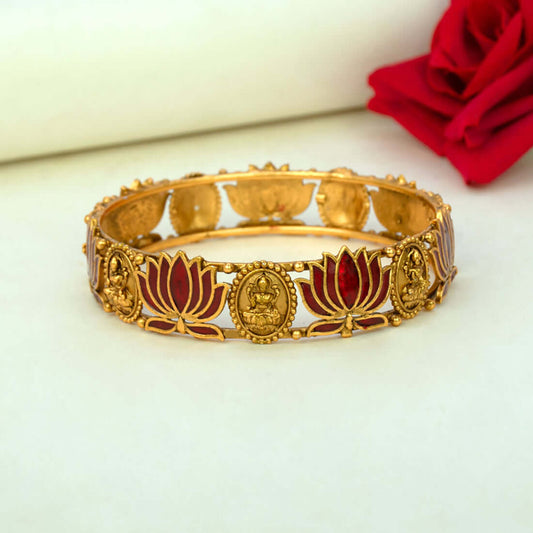 Ethnic Antique Gold Plated Lakshmi Lotus Bangle - Red