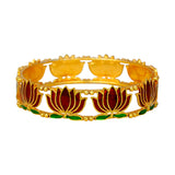 Matte Gold Plated Lotus Enamel Bangle with intricate lotus motifs in dark red and green enamel detailing.