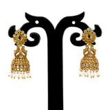 Small Antique Gold Plated Twin Peacock Stone Jhumkas on display with intricate design and dangling beads.
