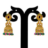 Small Antique Gold Plated Twin Peacock Stone Jhumkas featuring intricate designs and colorful beads.