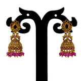 Small Antique Gold Plated Twin Peacock Stone Jhumkas featuring intricate design and vibrant beads.