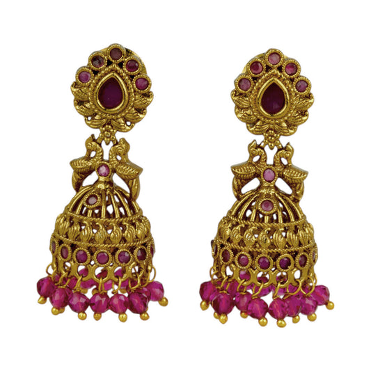 Small Antique Gold Plated Twin Peacock Stone Jhumkas with intricate design and pink stones.