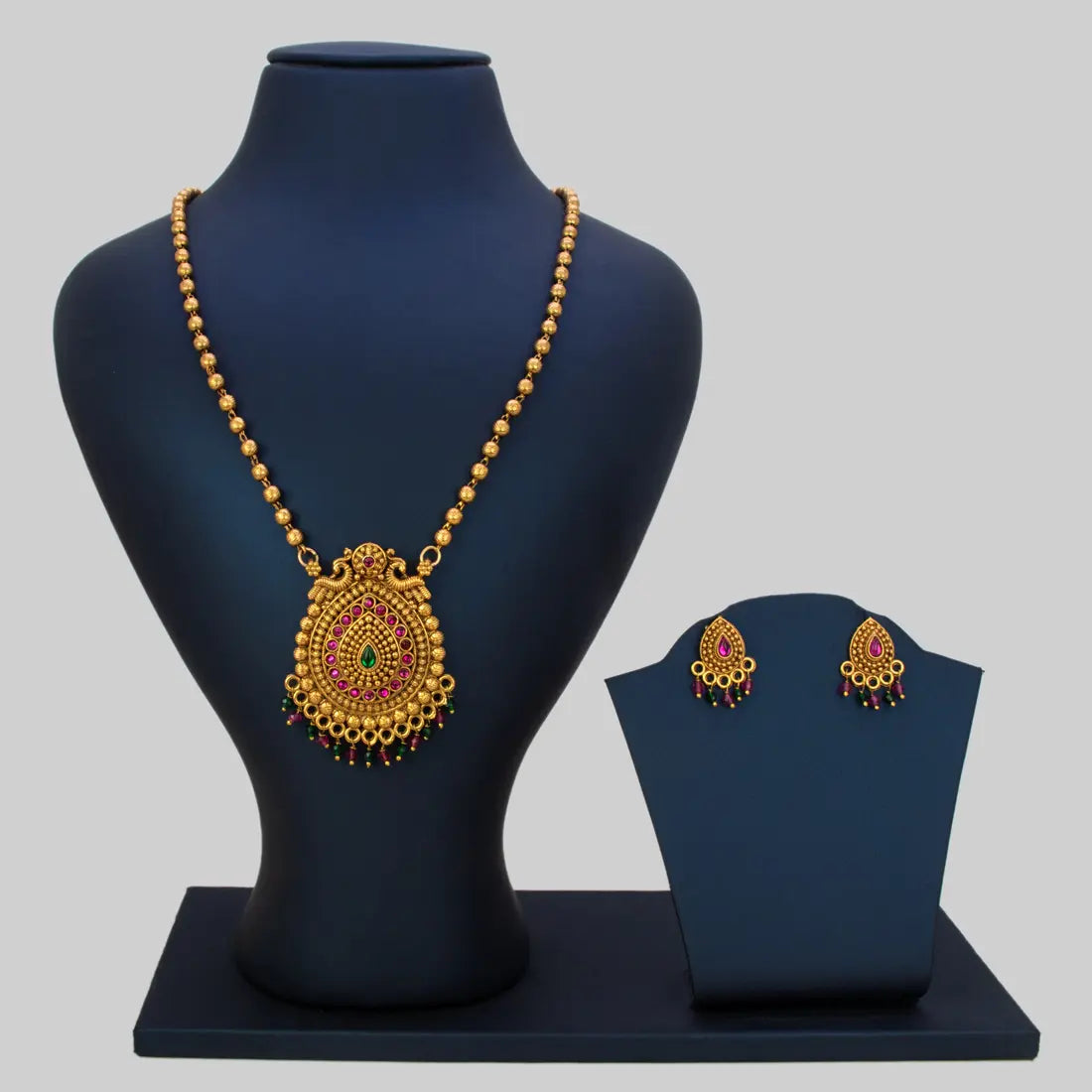 Antique Gold Plated Ball Chain Big Tear Drop Pendant Set- Multi Colour