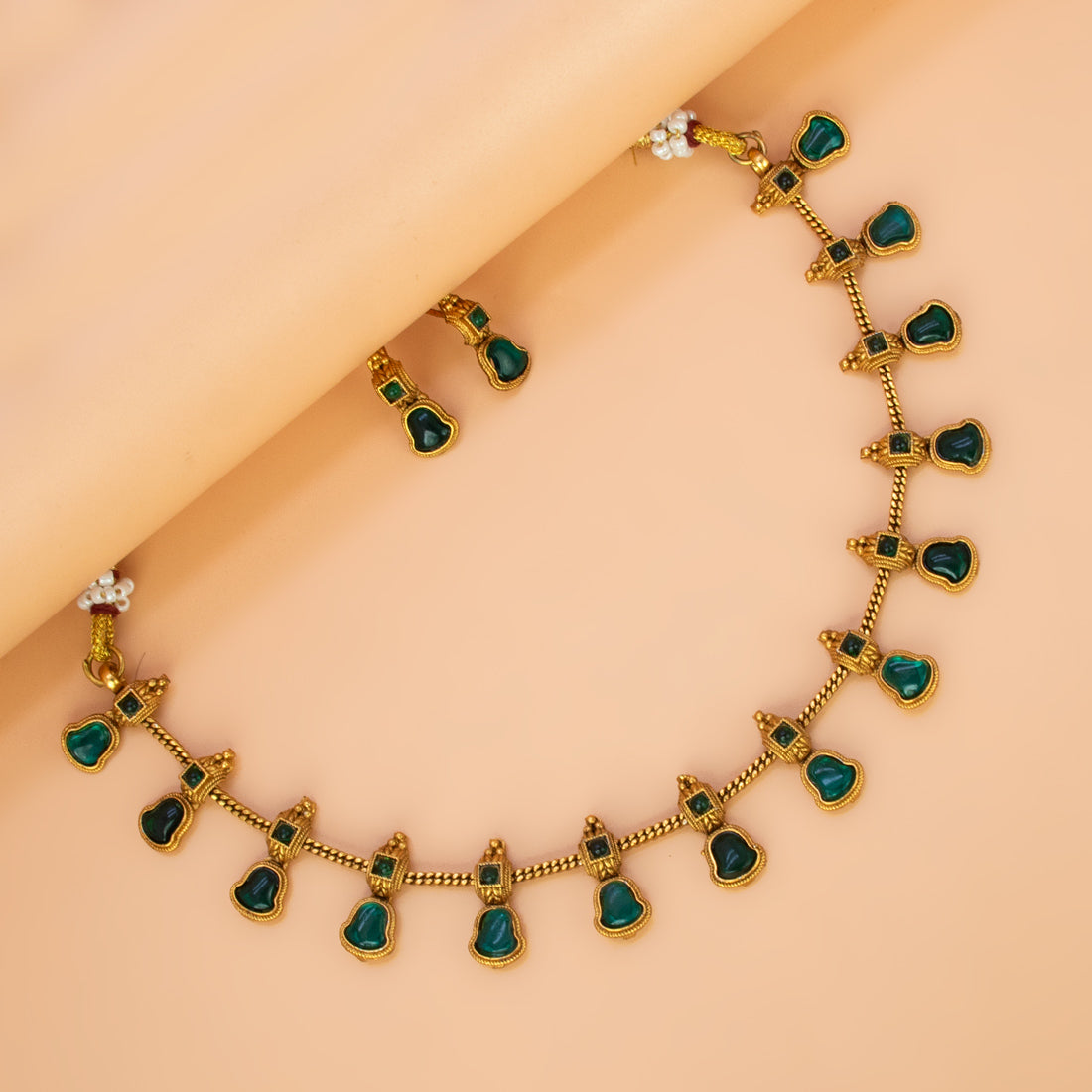 Antique Gold Plated Kemp Stone Bell Necklace Set - Green