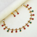 Antique Gold Plated Kemp Stone Bell Necklace Set - Multi colour