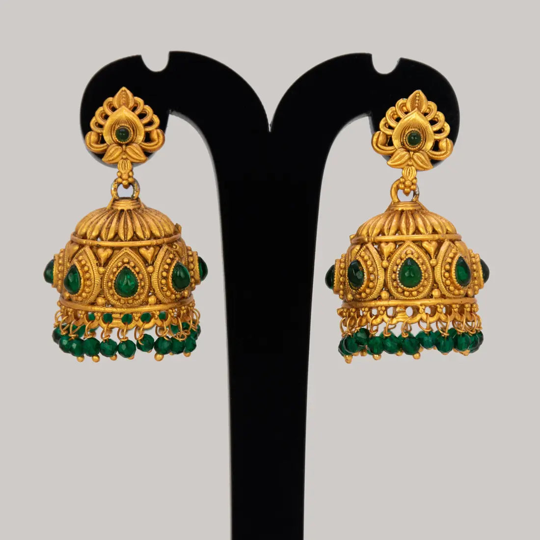 Antique Matte Kemp Stone Crystal Hanging Jhumka -Green