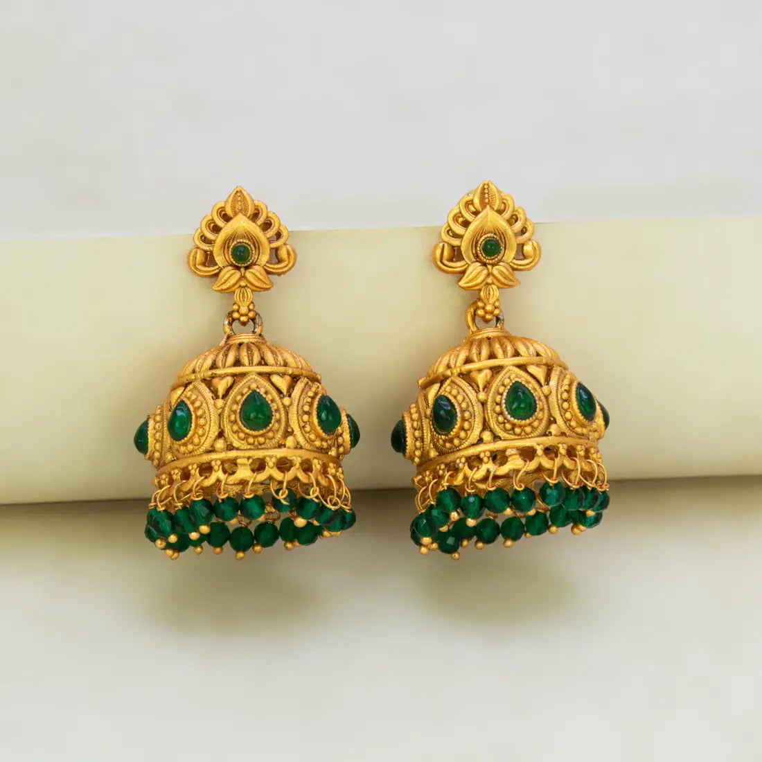 Antique Matte Kemp Stone Crystal Hanging Jhumka -Green