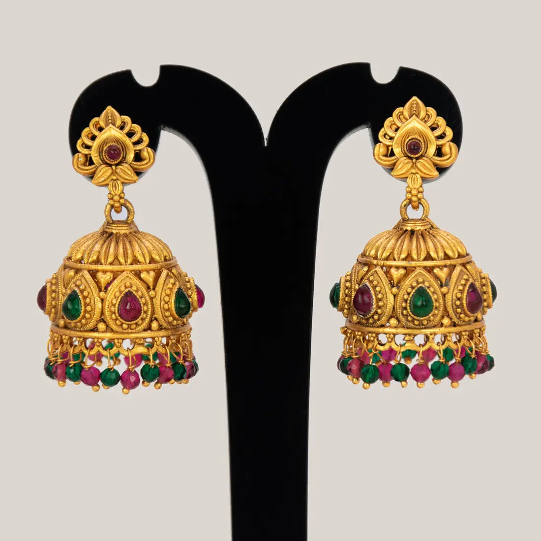 Antique Matte Kemp Stone Crystal Hanging Jhumka -Multi-Colour