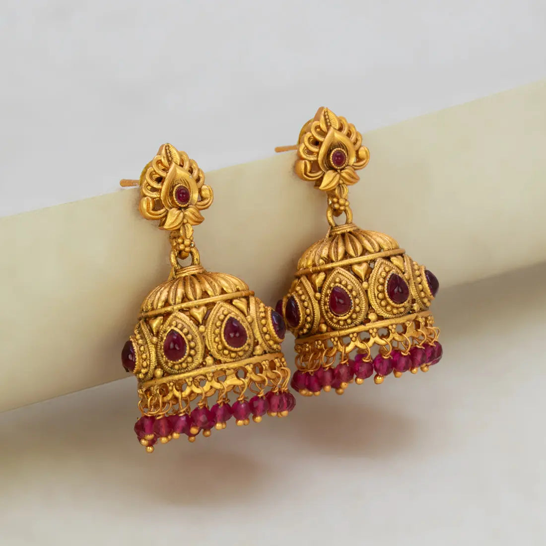Antique Matte Kemp Stone Crystal Hanging Jhumka -Ruby Red