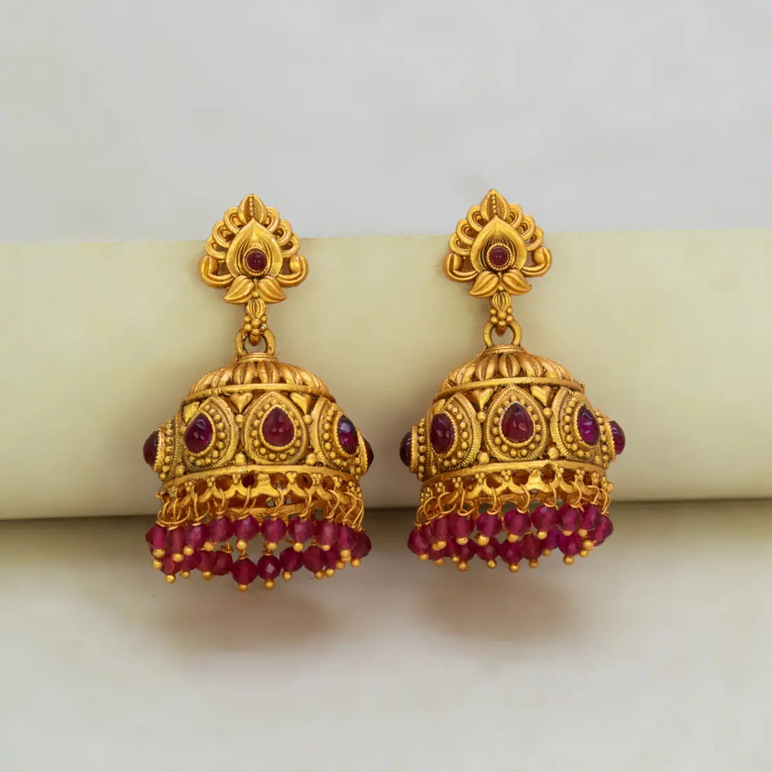 Antique Matte Kemp Stone Crystal Hanging Jhumka -Ruby Red