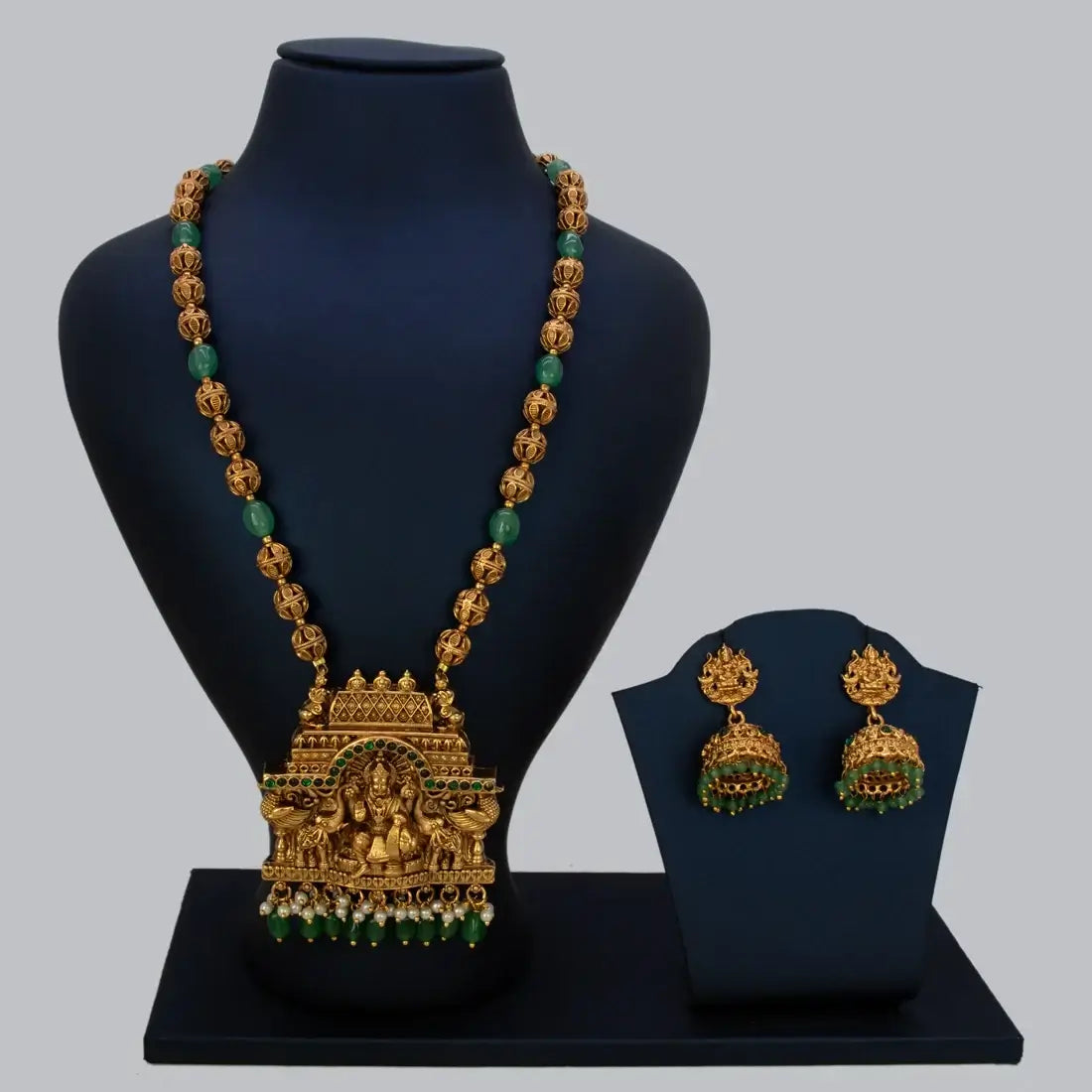 Antique Temple Gajalakshmi Pendant Necklace Set - Green