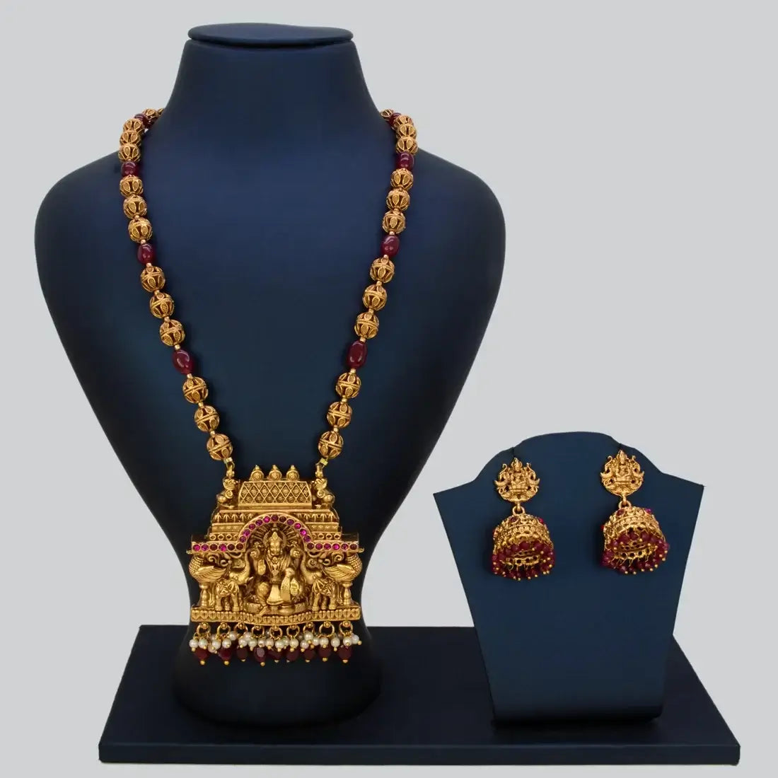 Antique Temple Gajalakshmi Pendant Necklace Set - Maroon