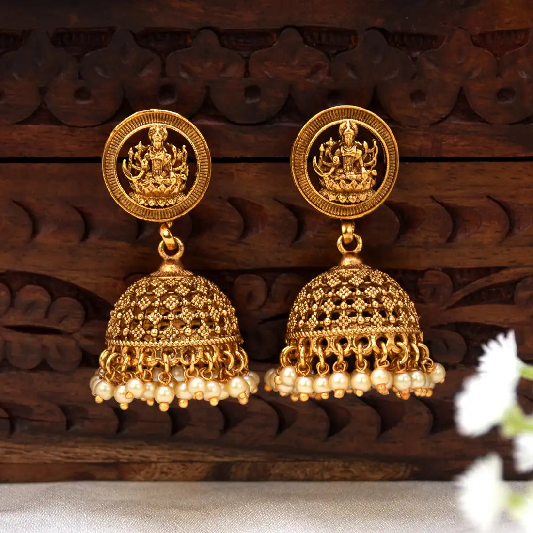 Antique Matte Lakshmi Temple Jhumka with Pearls
